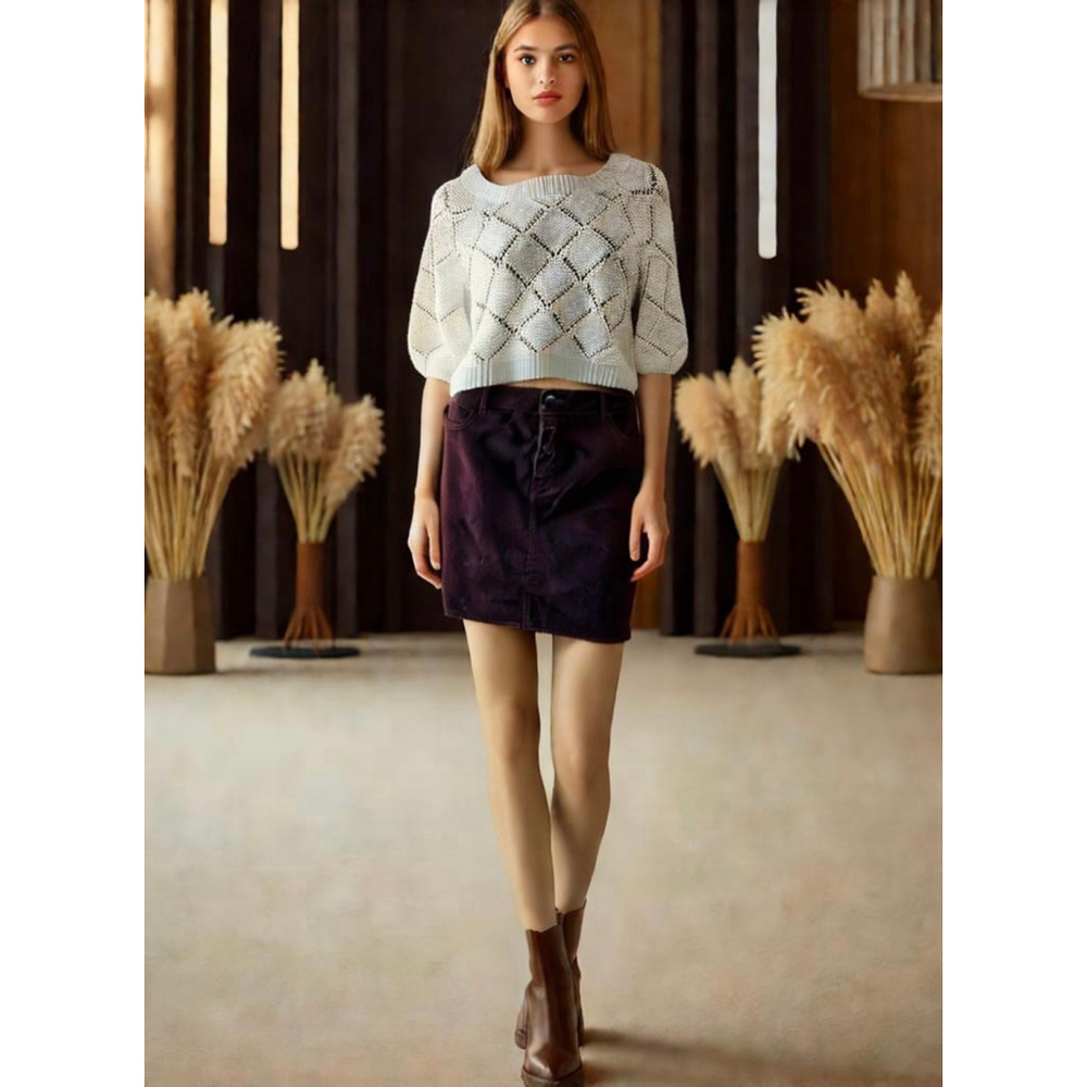 Forever 21 Cream Knit Round Neck Sweater Sz Sp Burgundy Corduroy Skirt Set Sz Lg